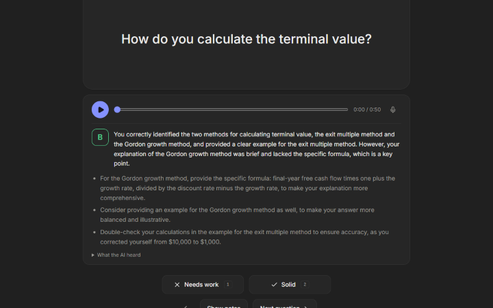 AI feedback on a recorded answer